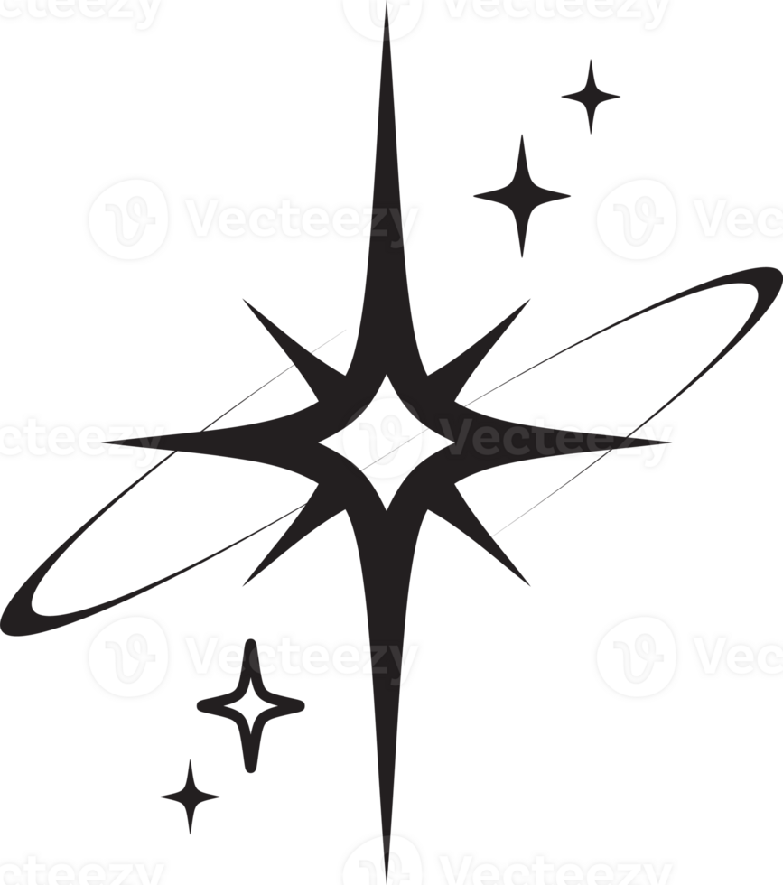 Line icon of star. Y2k shiny element. Sparkles and glitter symbol. Retro graphic of minimal figure. Magic black twinkles sun and moon with cosmic orbits png