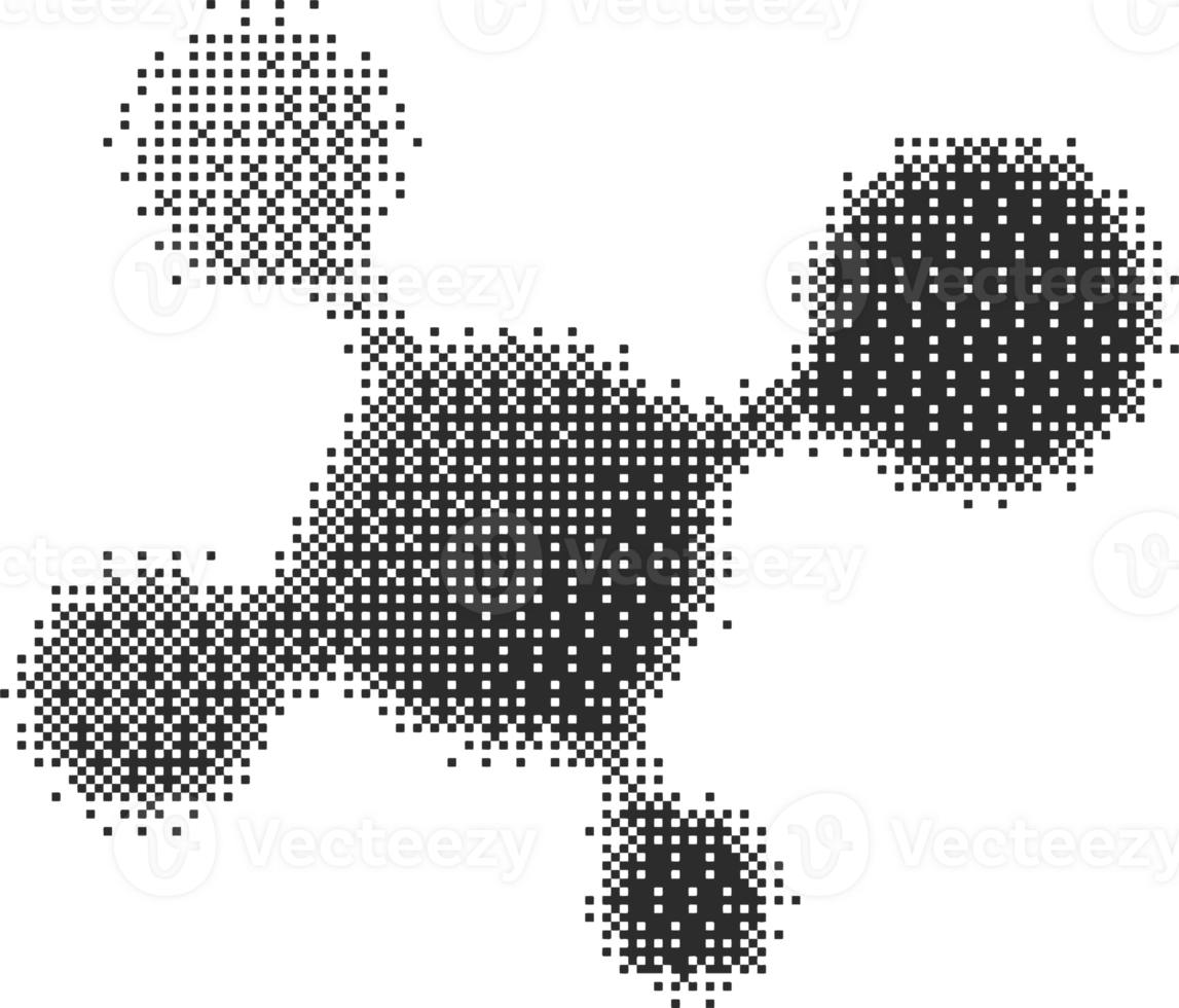 Pixel pattern molecule shape. Textured cosmic element with bitmap dither gradient. Retro icon with old computer game graphic effect. Halftone grunge illustration png