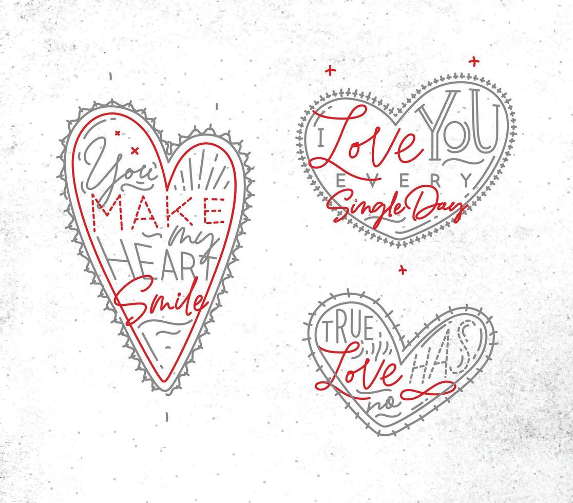 Set of valentines day flat hearts with greeting lettering drawing on dirty paper background. vector