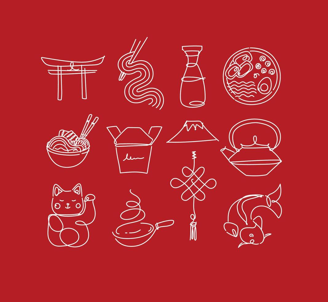 Sushi icon set in line style drawing on red background vector