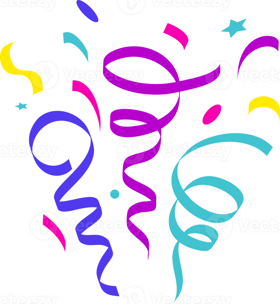 Confetti explosion. Colored elements for birthday party and carnival celebration. Falling serpentine and burst of firework for surprise and gift decoration png