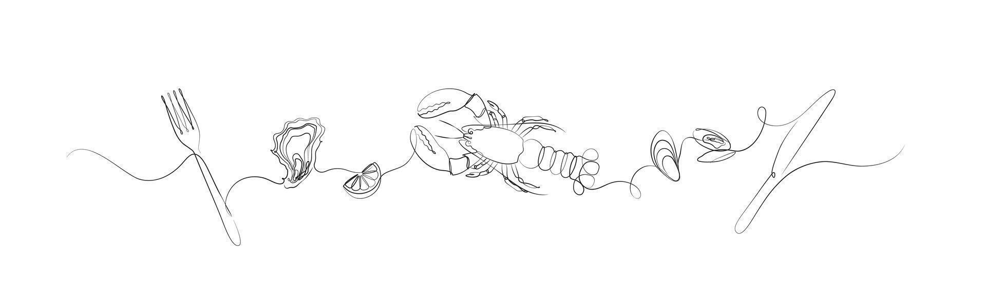 Seafood linear silhouette illustration with fork, oyster, lemon, mussel, knife drawing on white background vector