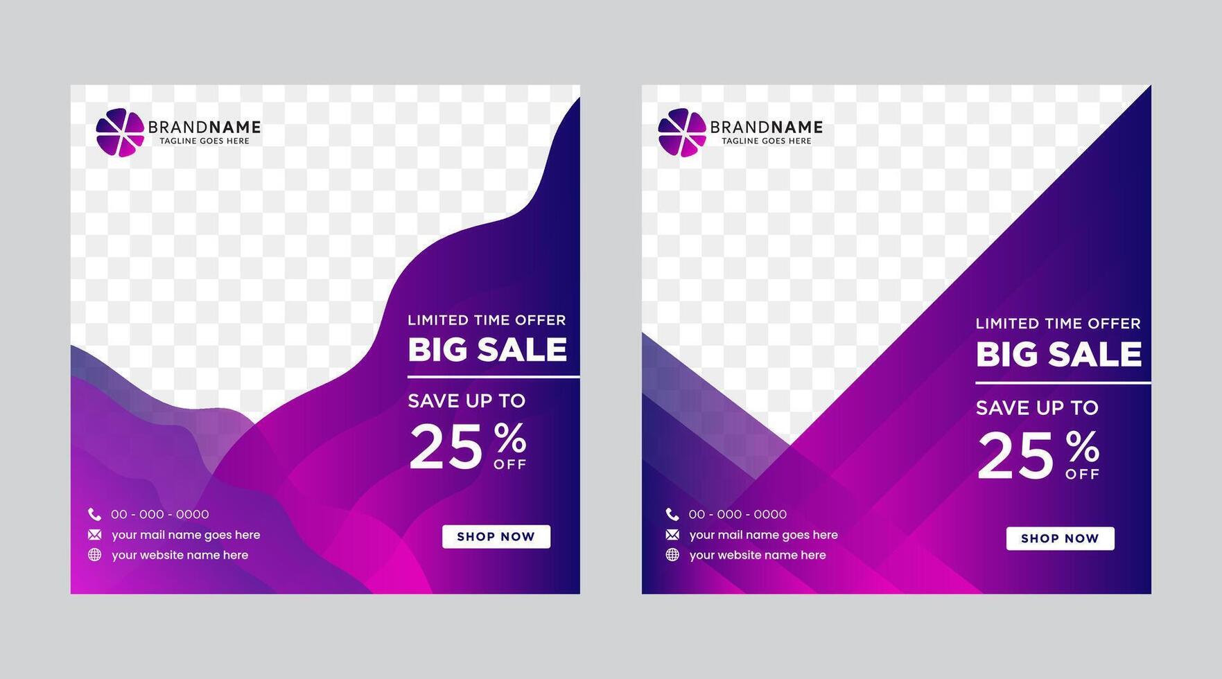 Social Media Advertising Banner Layouts Set With Gradient Wave Elements. Collection Of Bright Background. Summer Sale Square Pack. photo collage. gradient blue and purple colors. vector