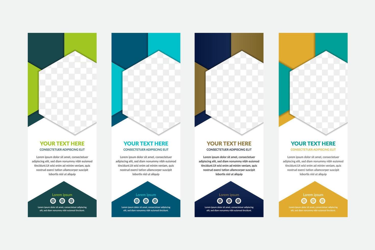 set of hexagon roll up business banner design vertical template, cover presentation abstract geometric background, modern publication display and flag banner, layout in rectangle vector