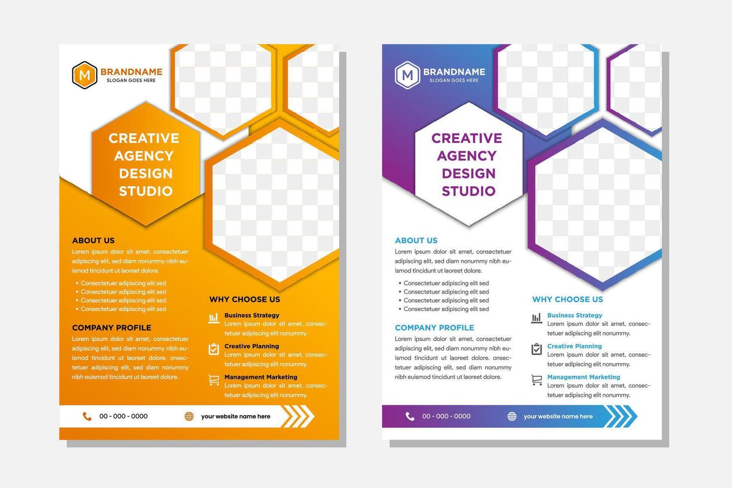Flyer brochure design, business flyer size A4 template, creative leaflet, trend cover hexagon. gradient orange and blue colors. Layout space for photo collage. vector