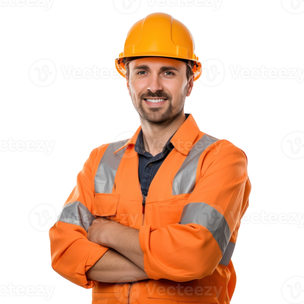 A man in an orange safety vest and hard hat png