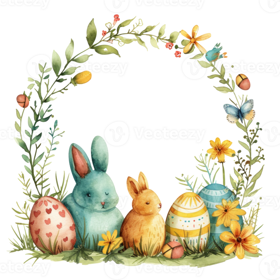 Watercolor easter frame with rabbits and eggs png