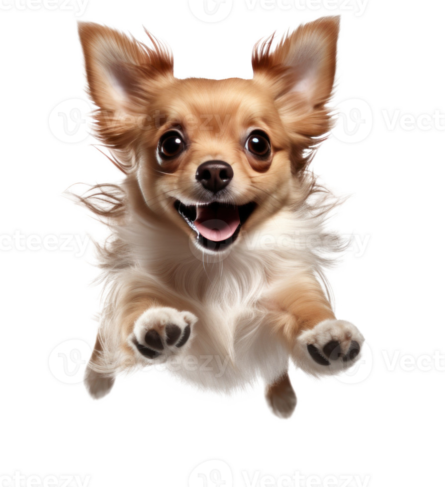 A dog is flying in the air with its mouth open png