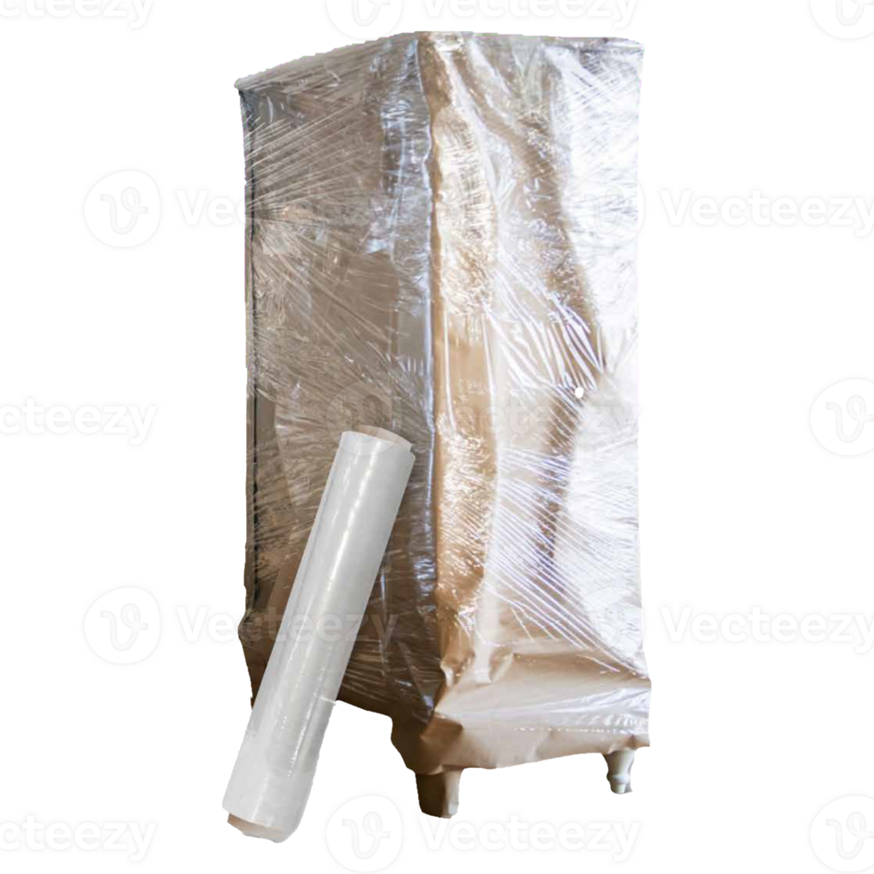 Roll of wrapping plastic stretch film with a wrapped furniture shippment png