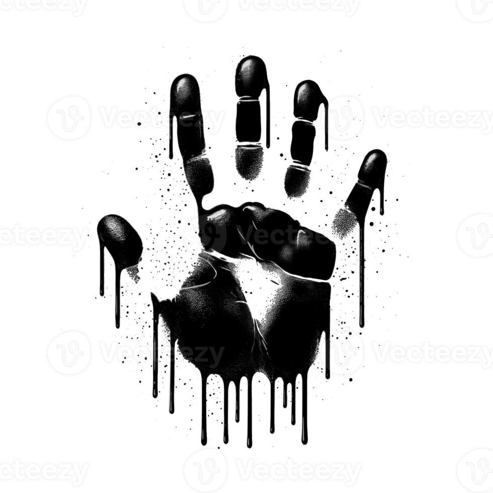 Handprint with black dripping paint isolated on transparent background png