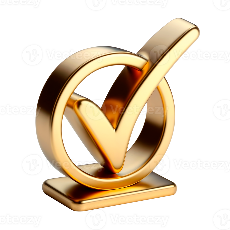 Golden check mark symbol isolated on transparent background representing success and approval png