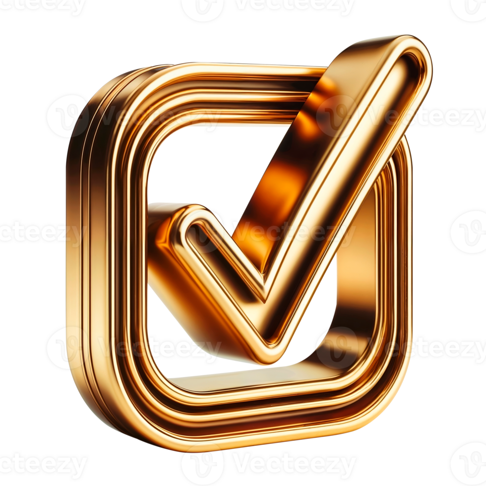Golden check mark symbol isolated on transparent background representing success and approval png
