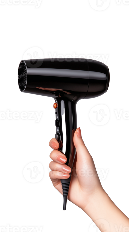 Black Hair Dryer Held in Hand with Transparent Background png