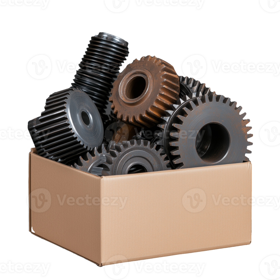 Gears and Mechanical Parts in a Cardboard Box on Transparent Background png