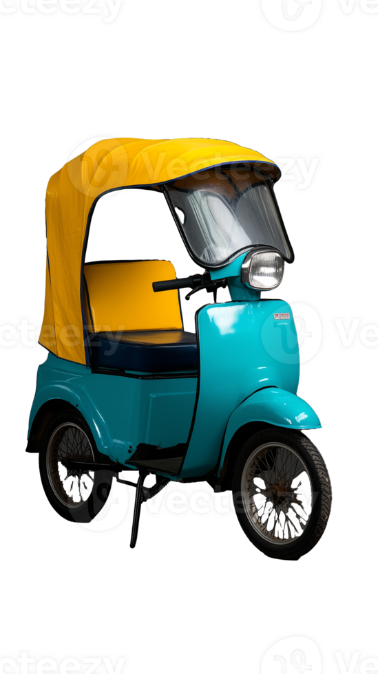 Colorful three-wheeled vehicle with yellow canopy on transparent background png