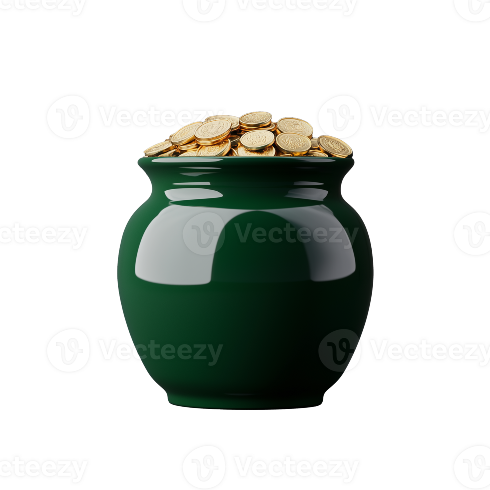 Green pot filled with gold coins on transparent background png