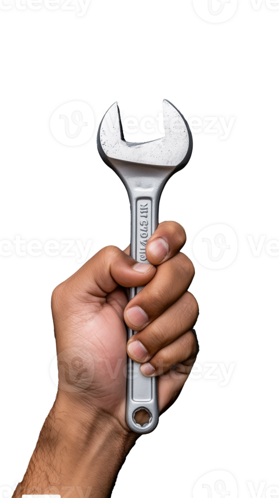 Hand holding silver wrench tool with transparent background png