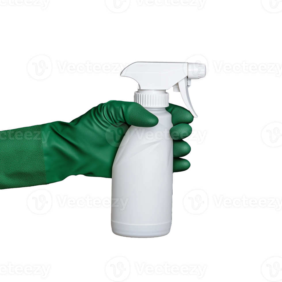 Cleaning spray bottle held by gloved hand on transparent background png