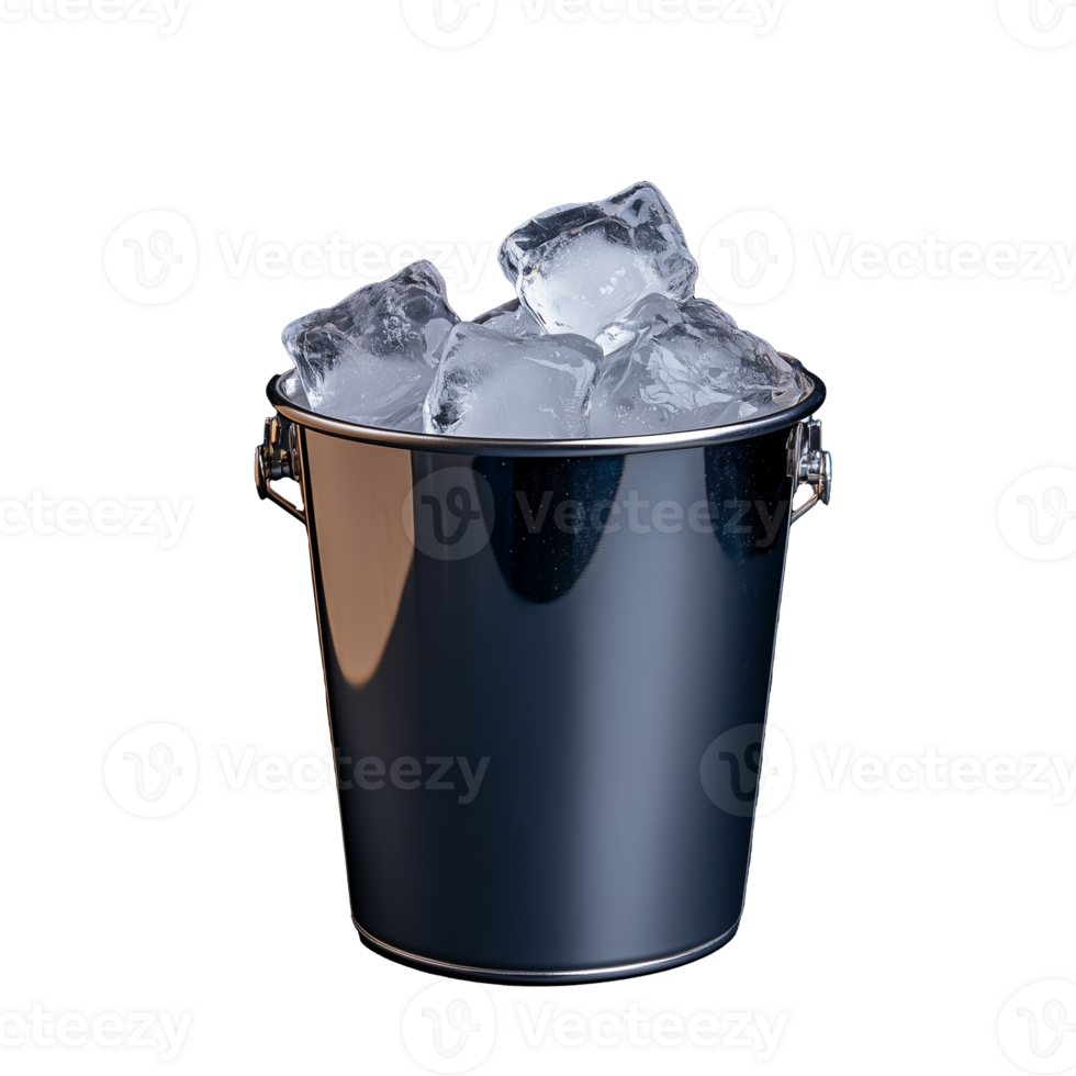 Ice bucket filled with clear ice cubes on transparent background png