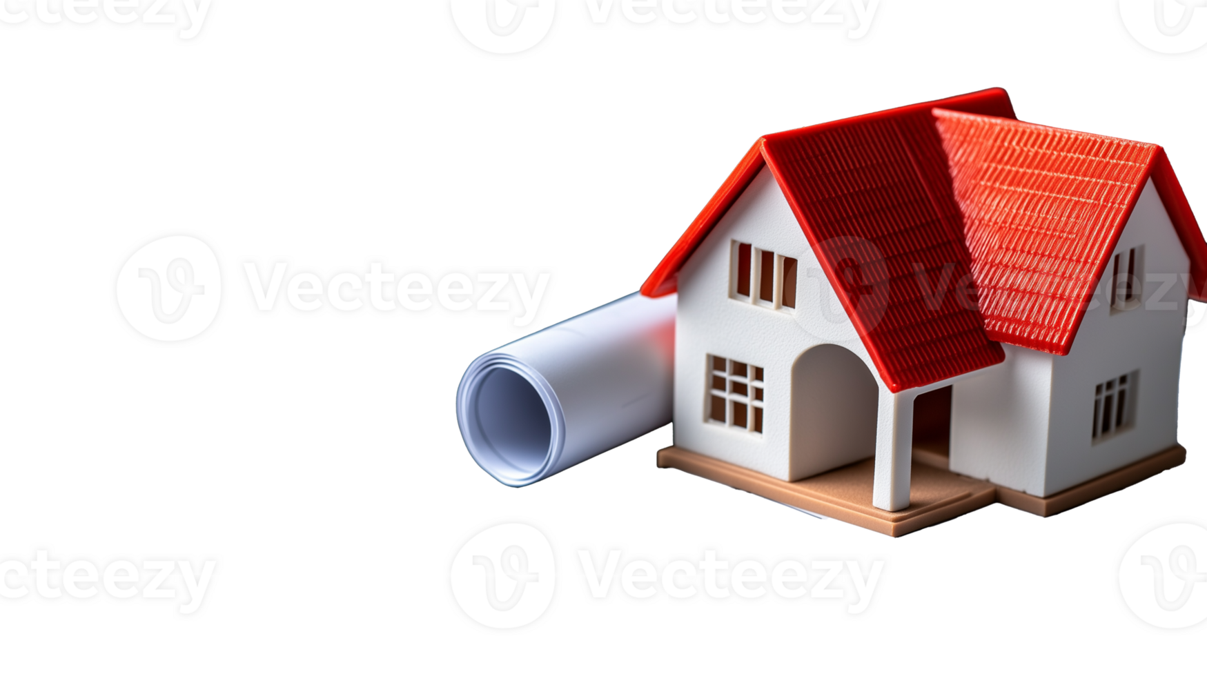 Model house with blueprint rolled beside it on a transparent background png