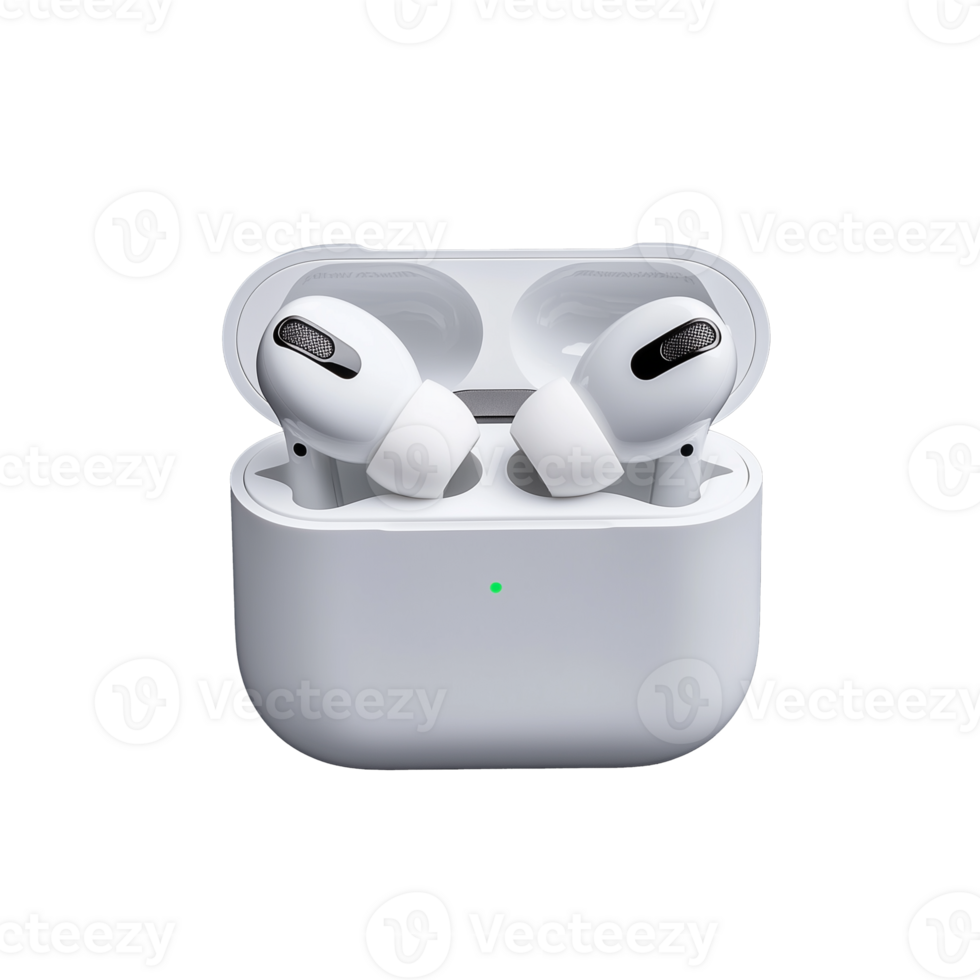 Wireless earbuds with charging case on transparent background png