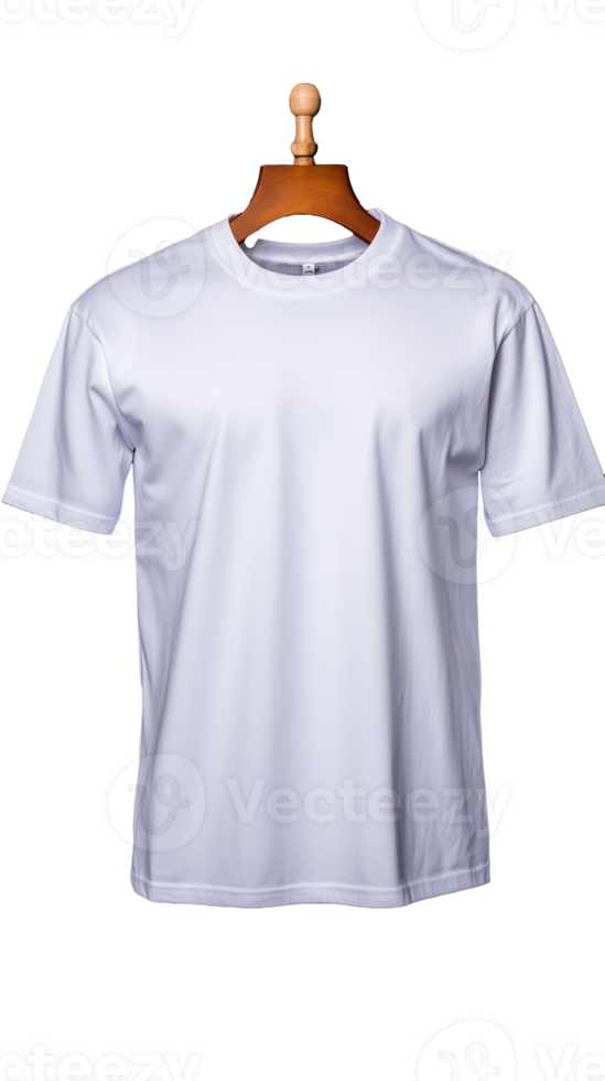 White T-shirt on Wooden Hanger with Transparent Background for Design png