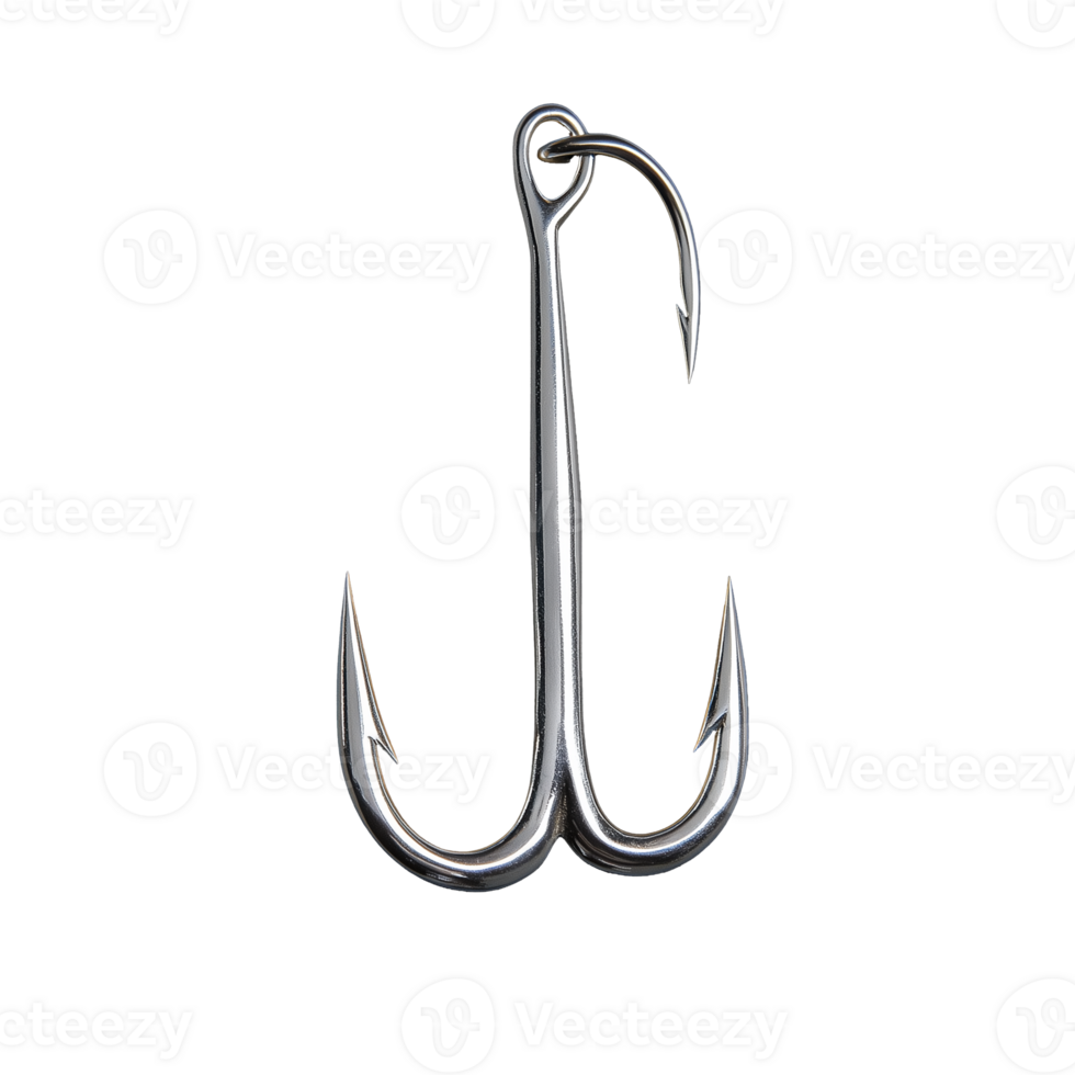 Silver fishing hook with sharp points on transparent background png