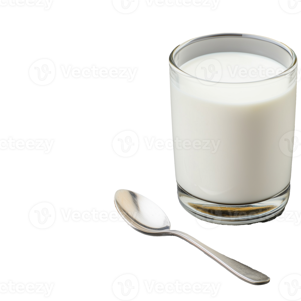 Fresh milk in a glass with spoon on transparent background png