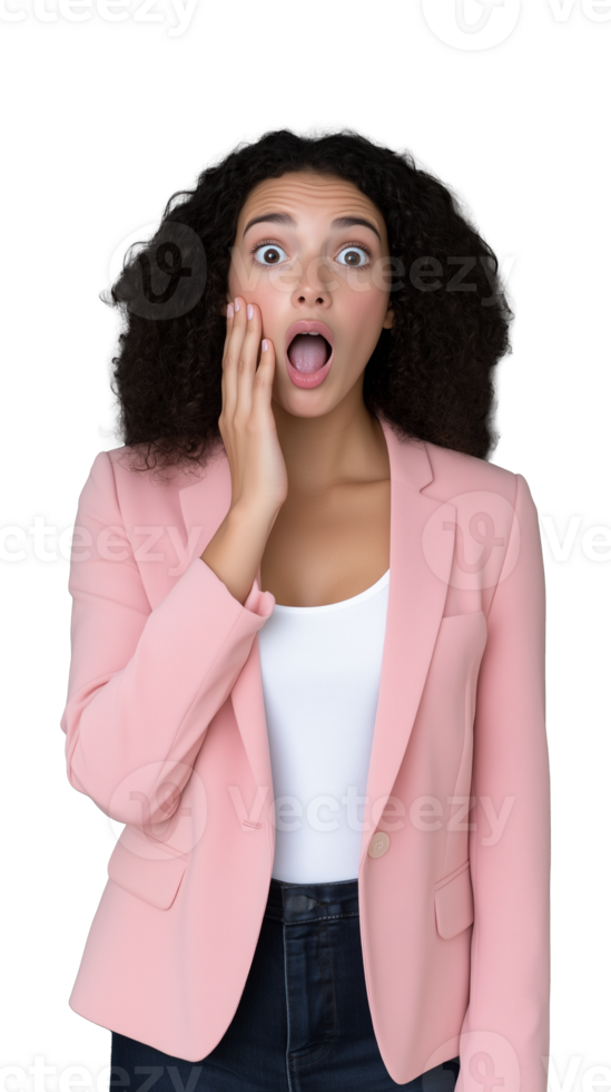 Surprised young woman in pink blazer with transparent background png