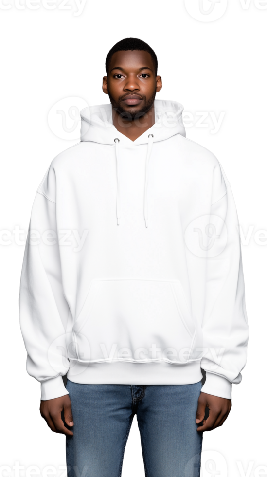 Man wearing white hoodie with transparent background for fashion and design png