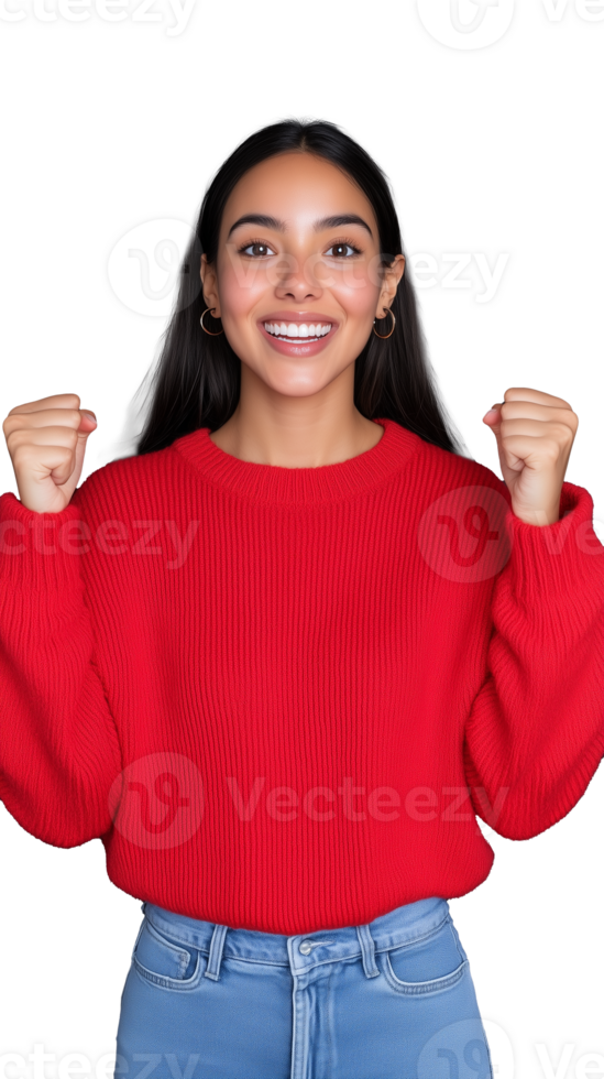 Happy young woman celebrating with fists raised in red sweater on transparent background png