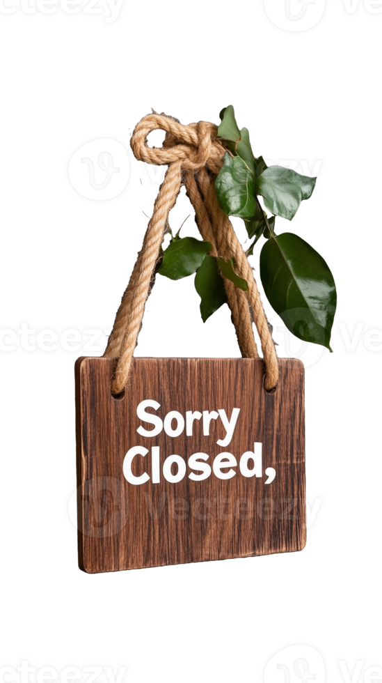 Wooden Sign Saying Sorry Closed with Green Leaves on Transparent Background png