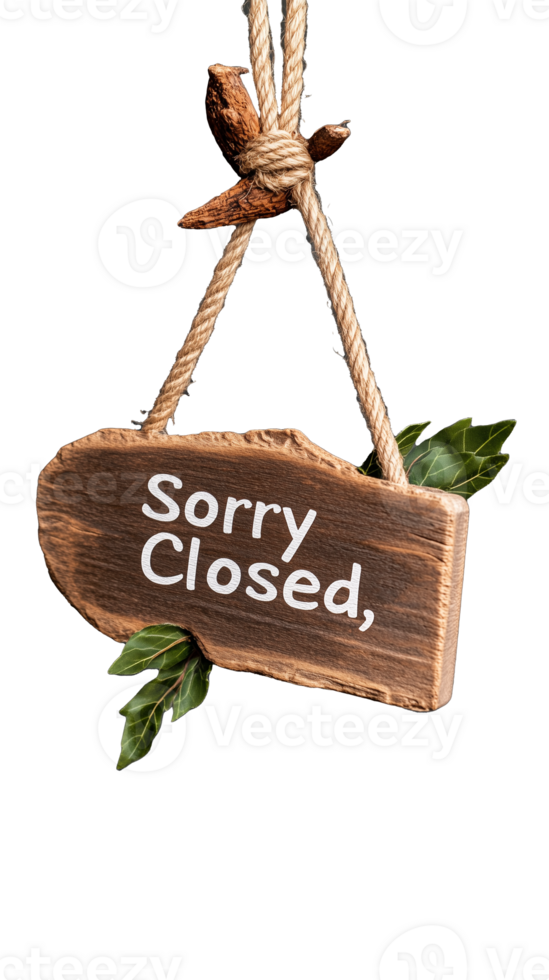 Rustic wooden sign saying Sorry Closed, with transparent background for versatile use png