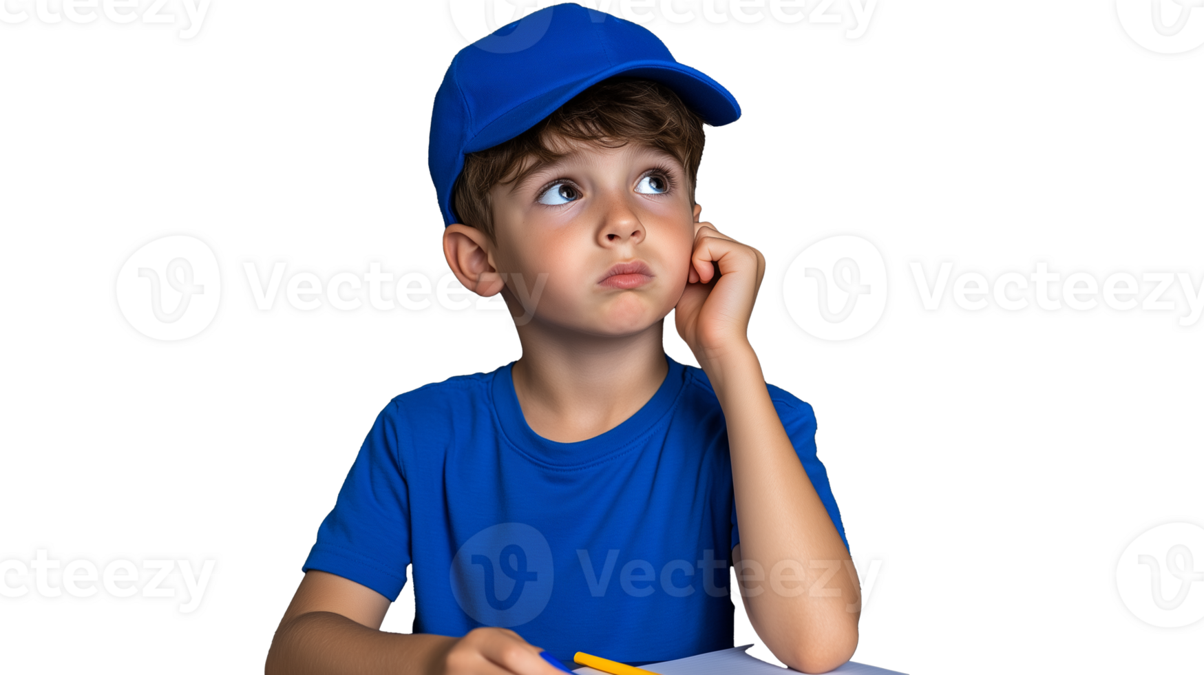 Thoughtful boy wearing blue shirt and cap with transparent background png