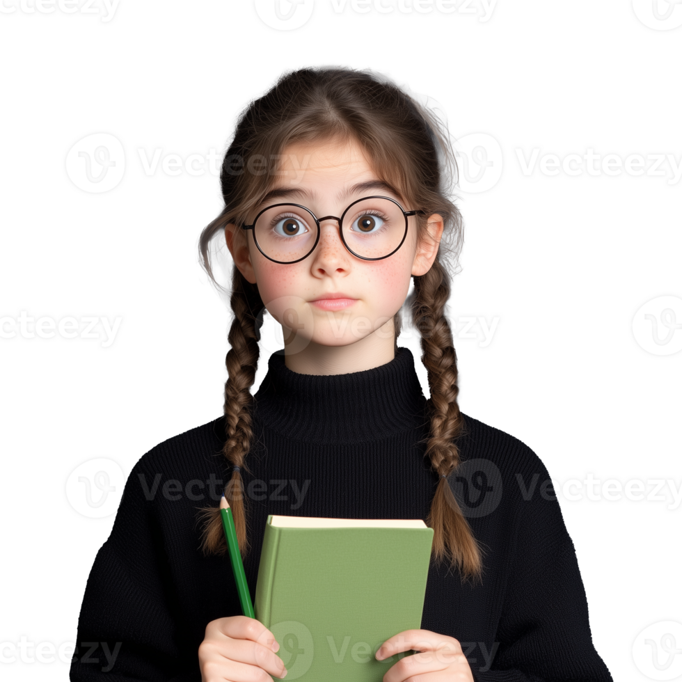 Curious girl holding a green notebook and pencil on transparent background png