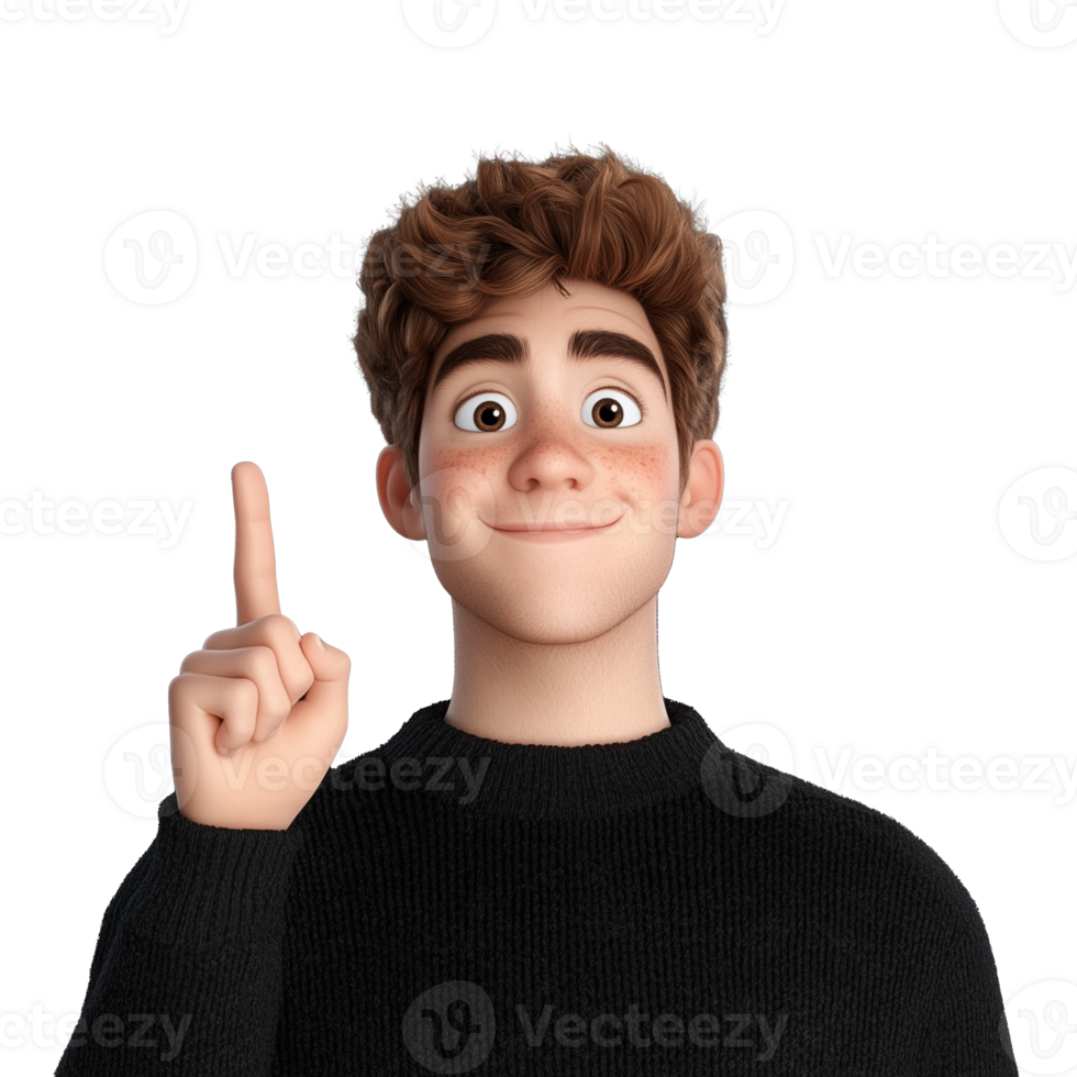 Animated character pointing with finger on transparent background png
