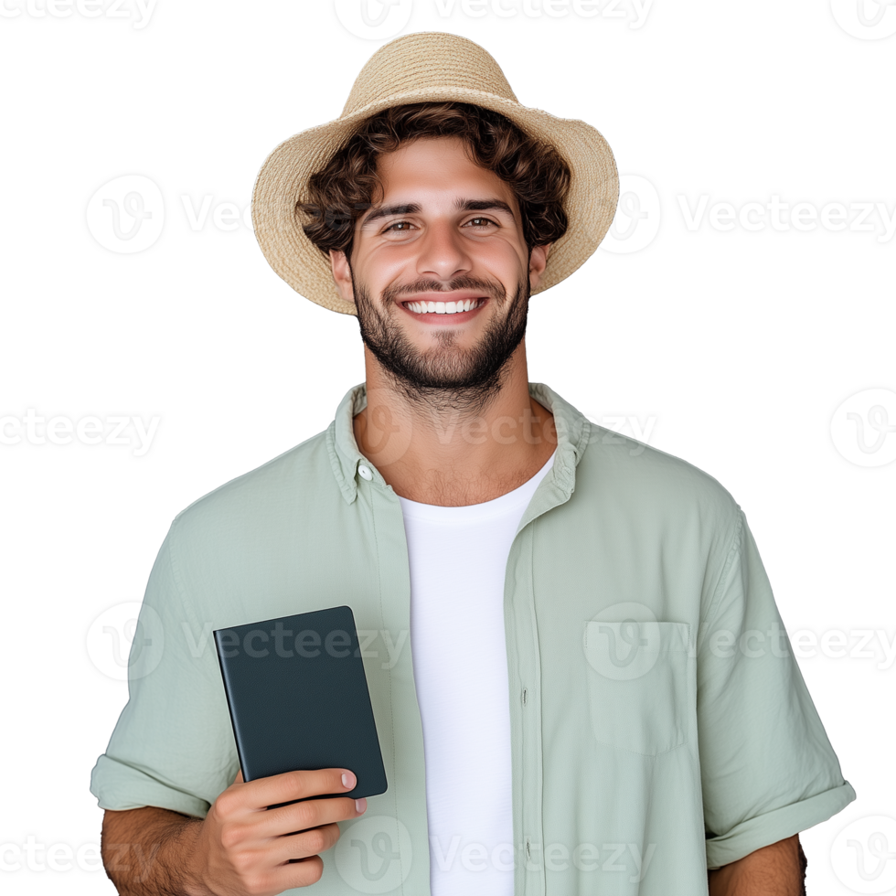 Smiling man holding a notebook wearing a straw hat with transparent background png
