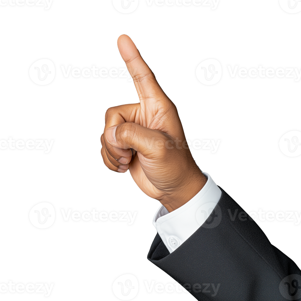 Hand gesture with raised finger pointing upwards on transparent background png