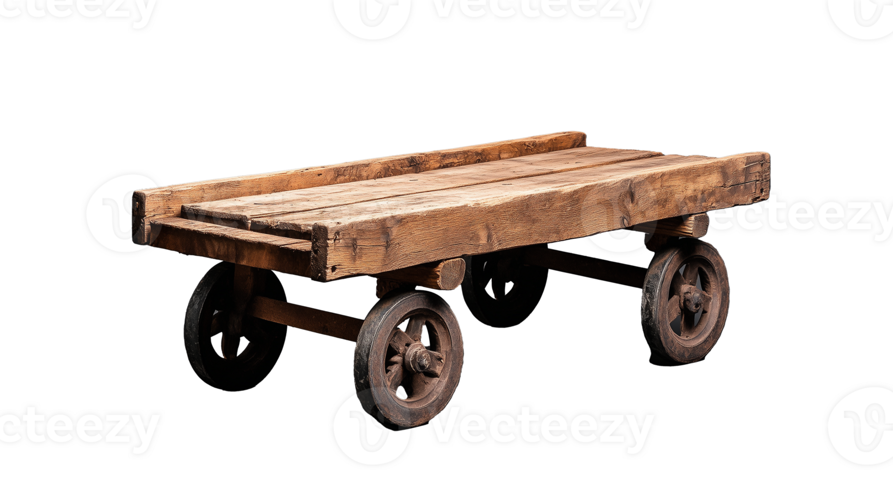 Wooden Cart on Wheels with Rustic Design and Transparent Background png