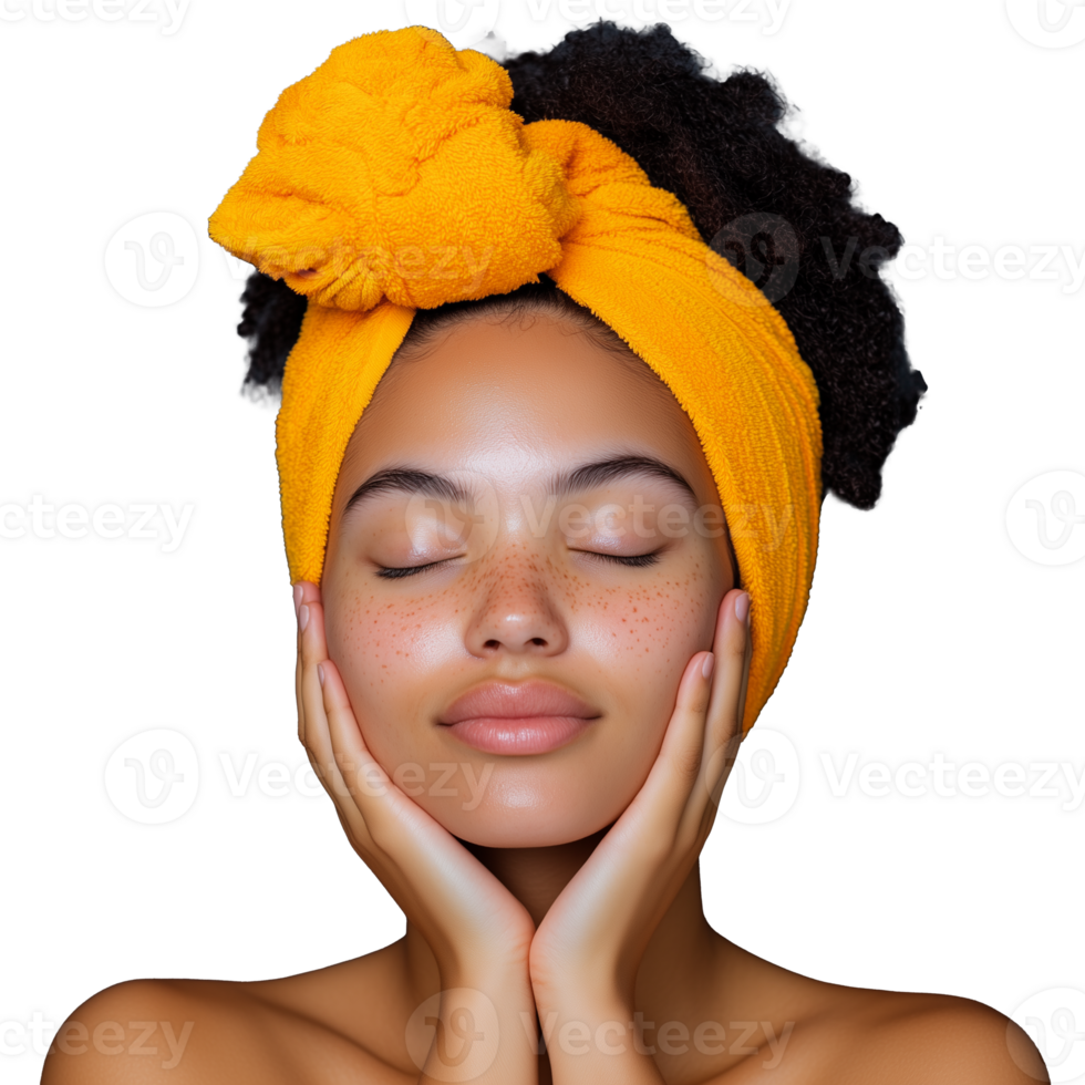 Serene woman with yellow towel on head against transparent background png