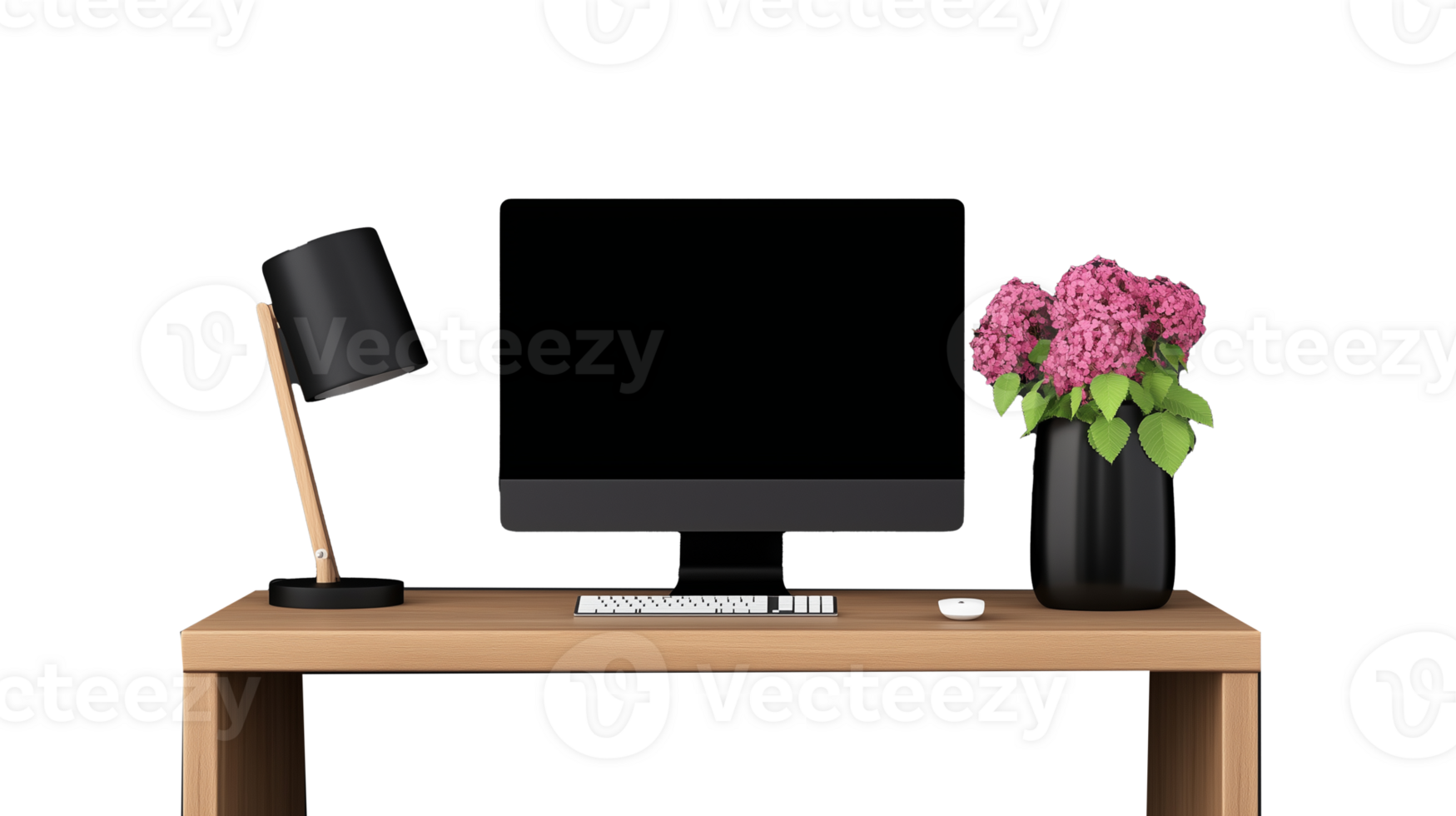 Modern desk setup with computer, lamp, and flowers on transparent background png