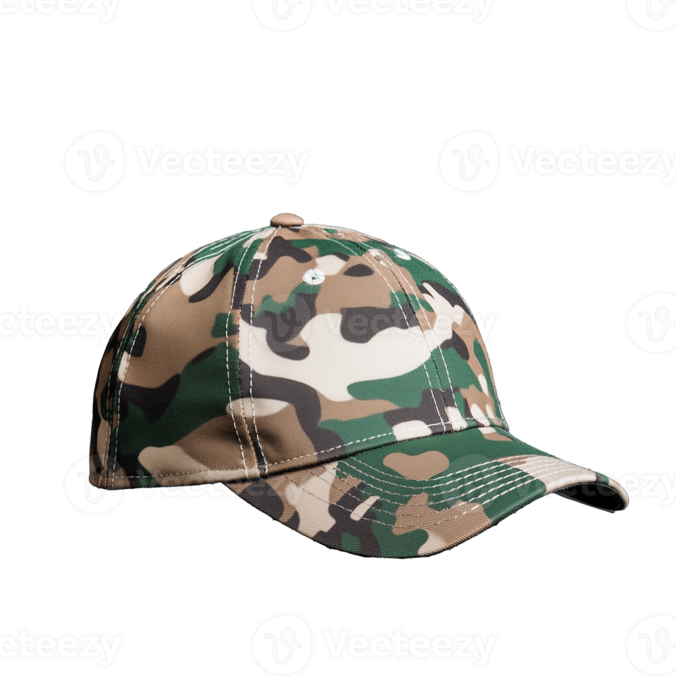Camouflage baseball cap with detailed patterns on transparent background png