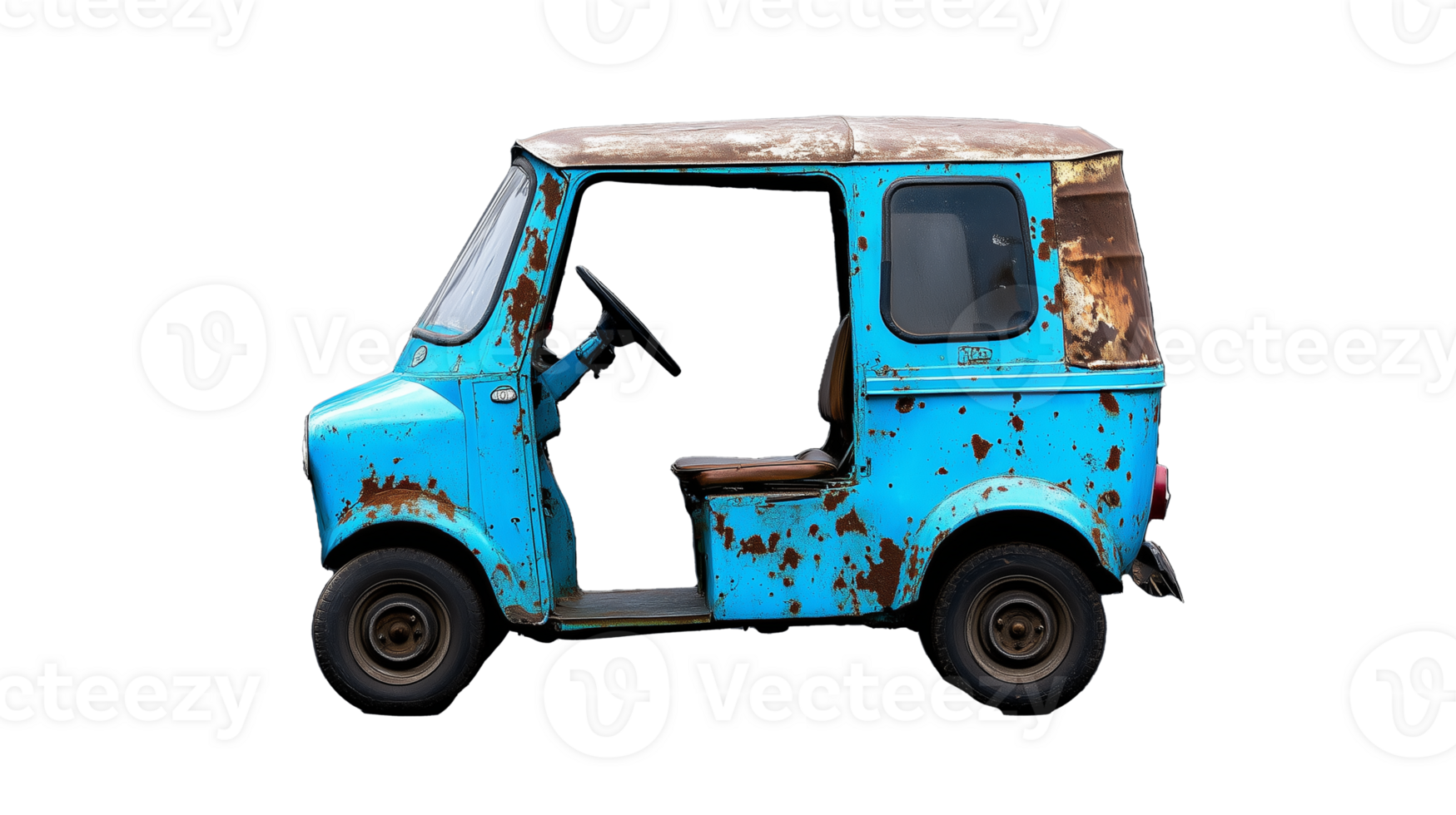 Vintage Blue Three-Wheeled Car with Rusty Details on Transparent Background png