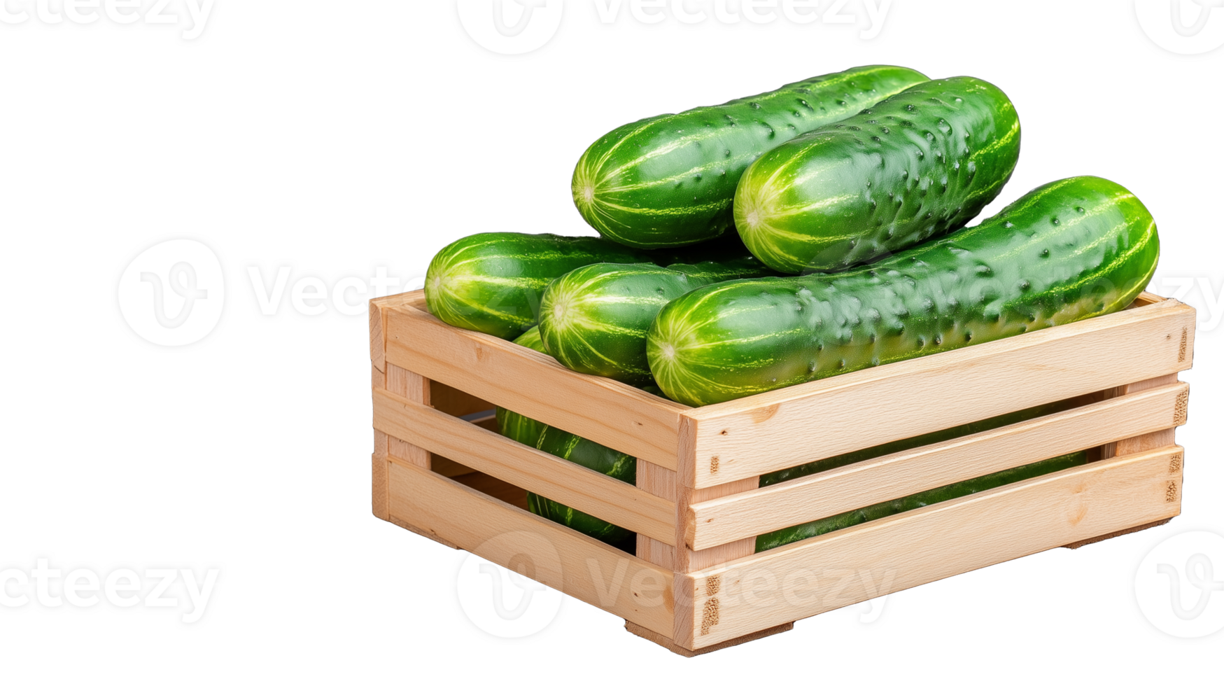Fresh Cucumbers in Wooden Crate with Transparent Background png