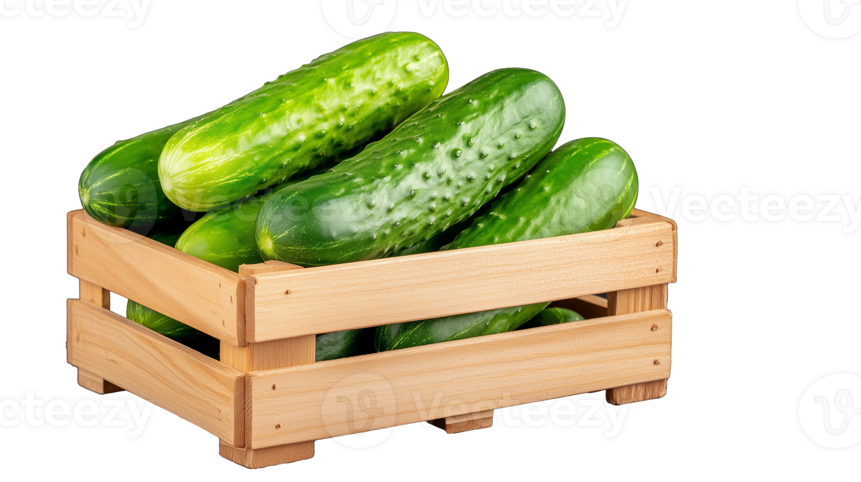 Fresh cucumbers in a wooden crate with transparent background png