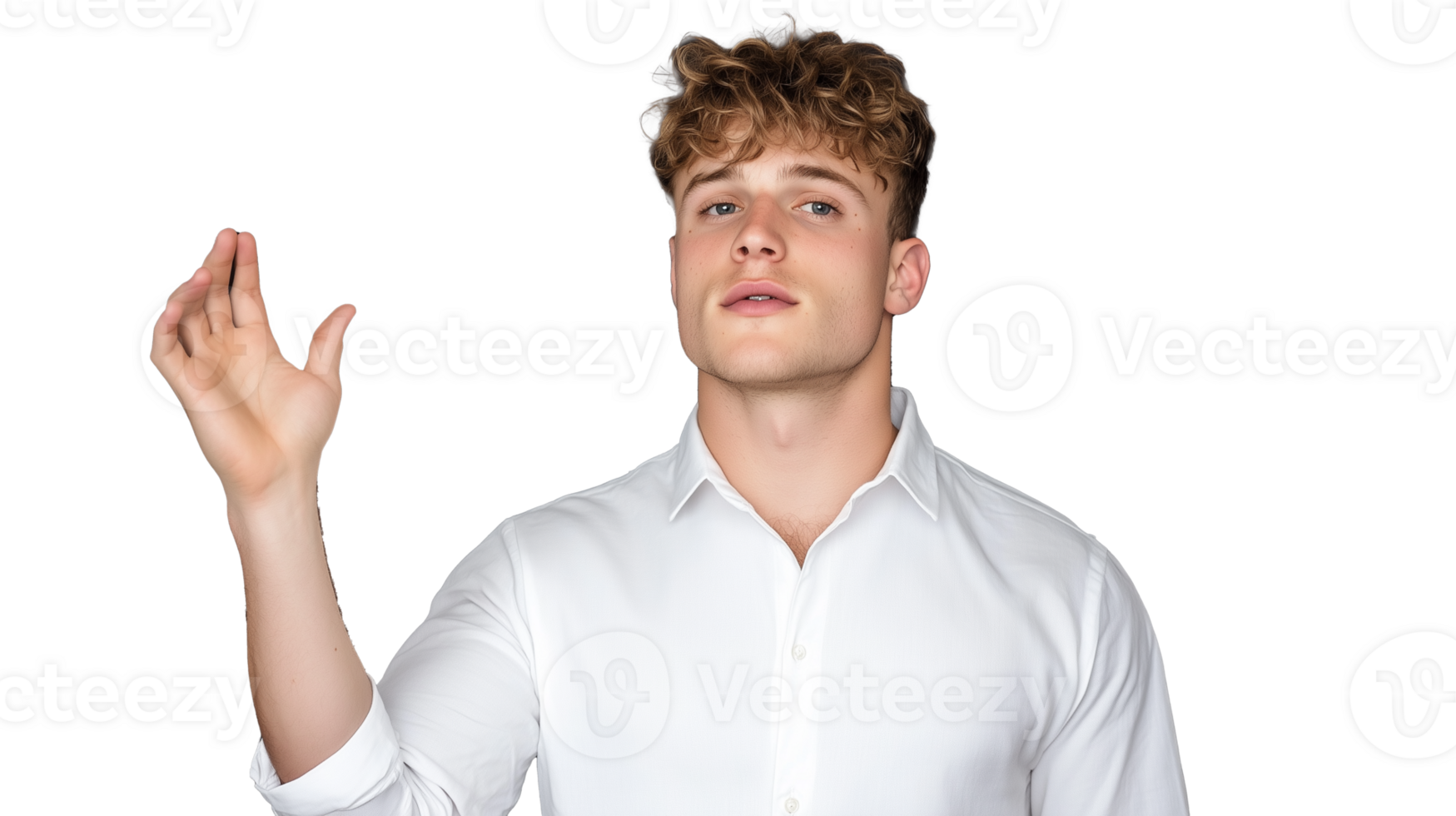 Young man in white shirt gesturing with hand on transparent background png