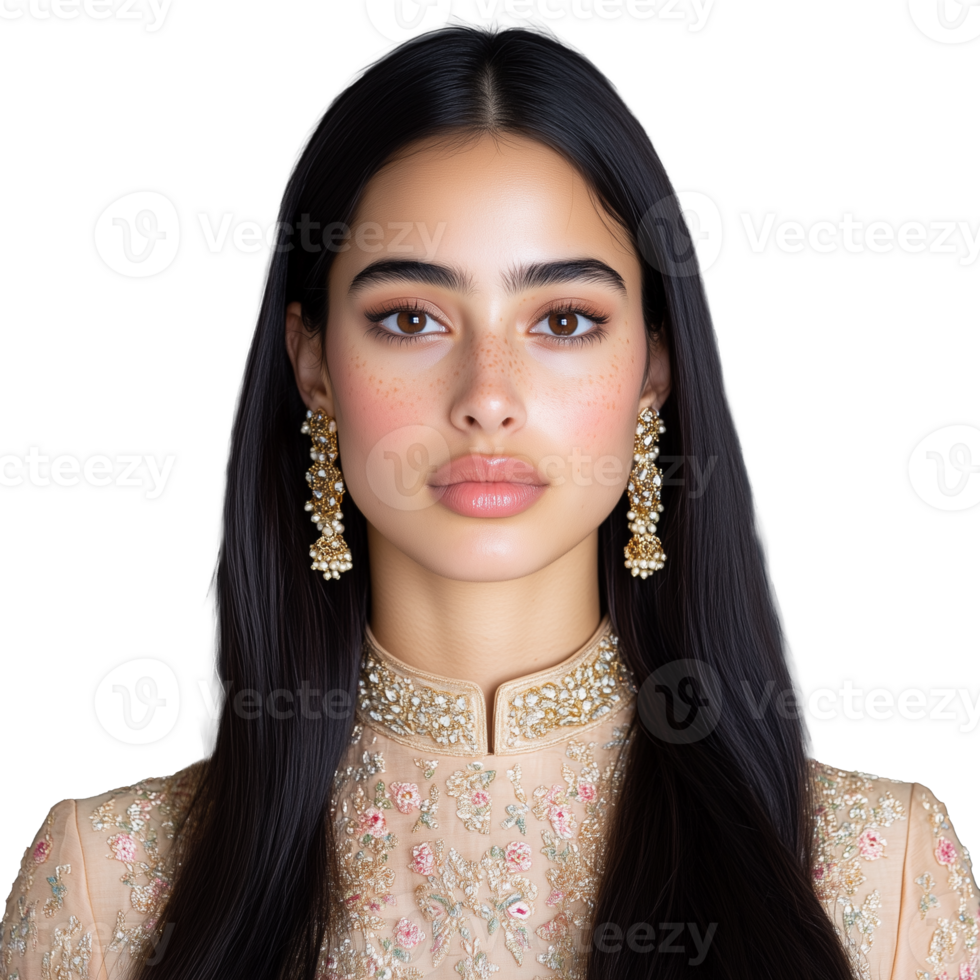 Elegant portrait of a woman with detailed accessories on transparent background png