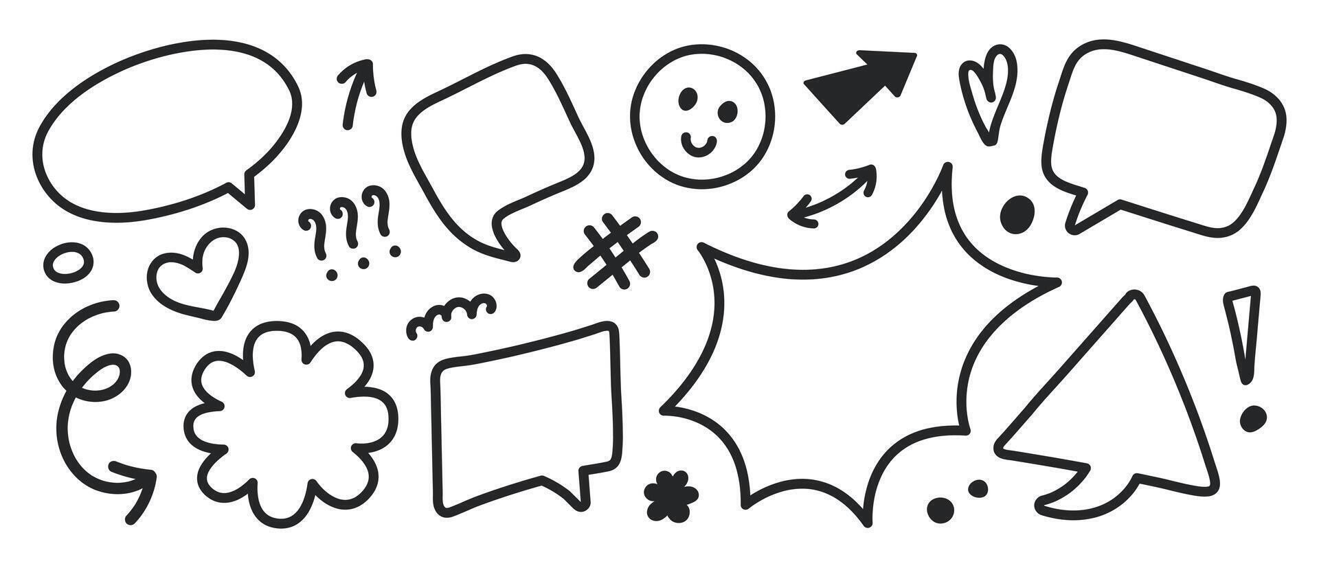 Hand drawn speech bubbles isolated on a white background. Scribble comic linear elements. vector