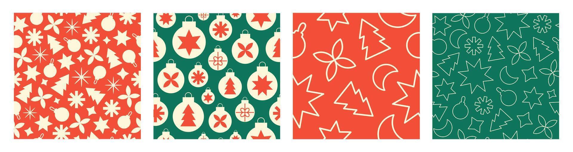 Christmas set seamless patterns with minimalist geometric elements. Red, green and white colors vector