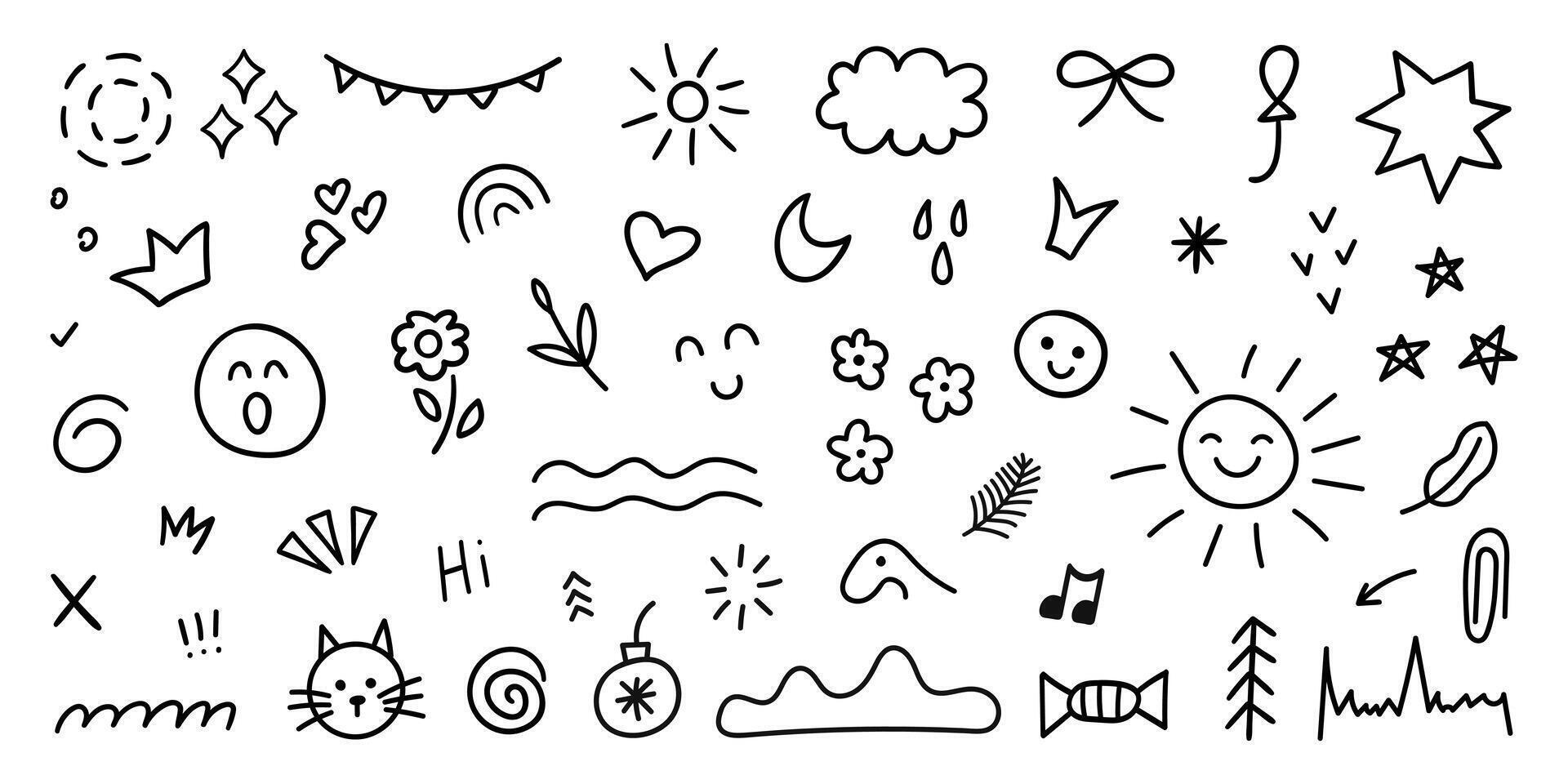 Set of cute doodle elements. Hand drawn childish collection of stars, hearts, scribble, sun, flowers. vector
